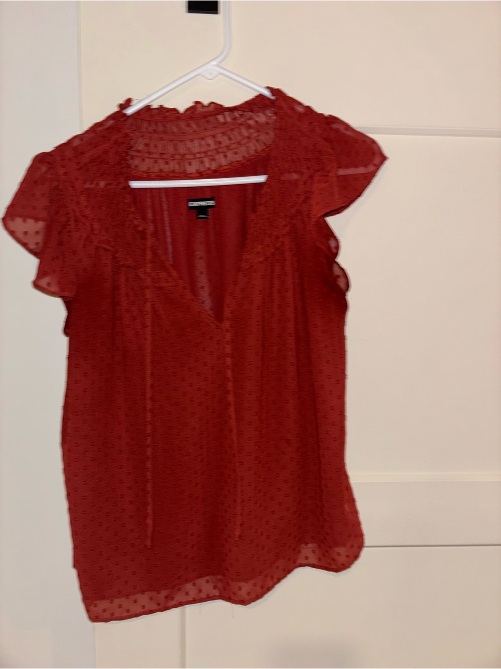 Express Red Dot-Swiss Lace-Trim Flutter Sleeve Blouse